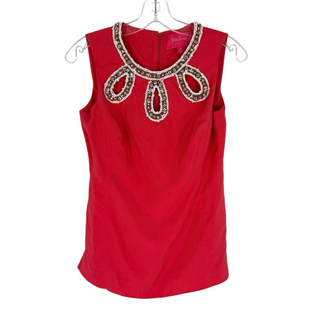Lilly Pulitzer Jubilee Blouse Womens Size 0 Pink Coral Beaded Cutouts Sleeveless